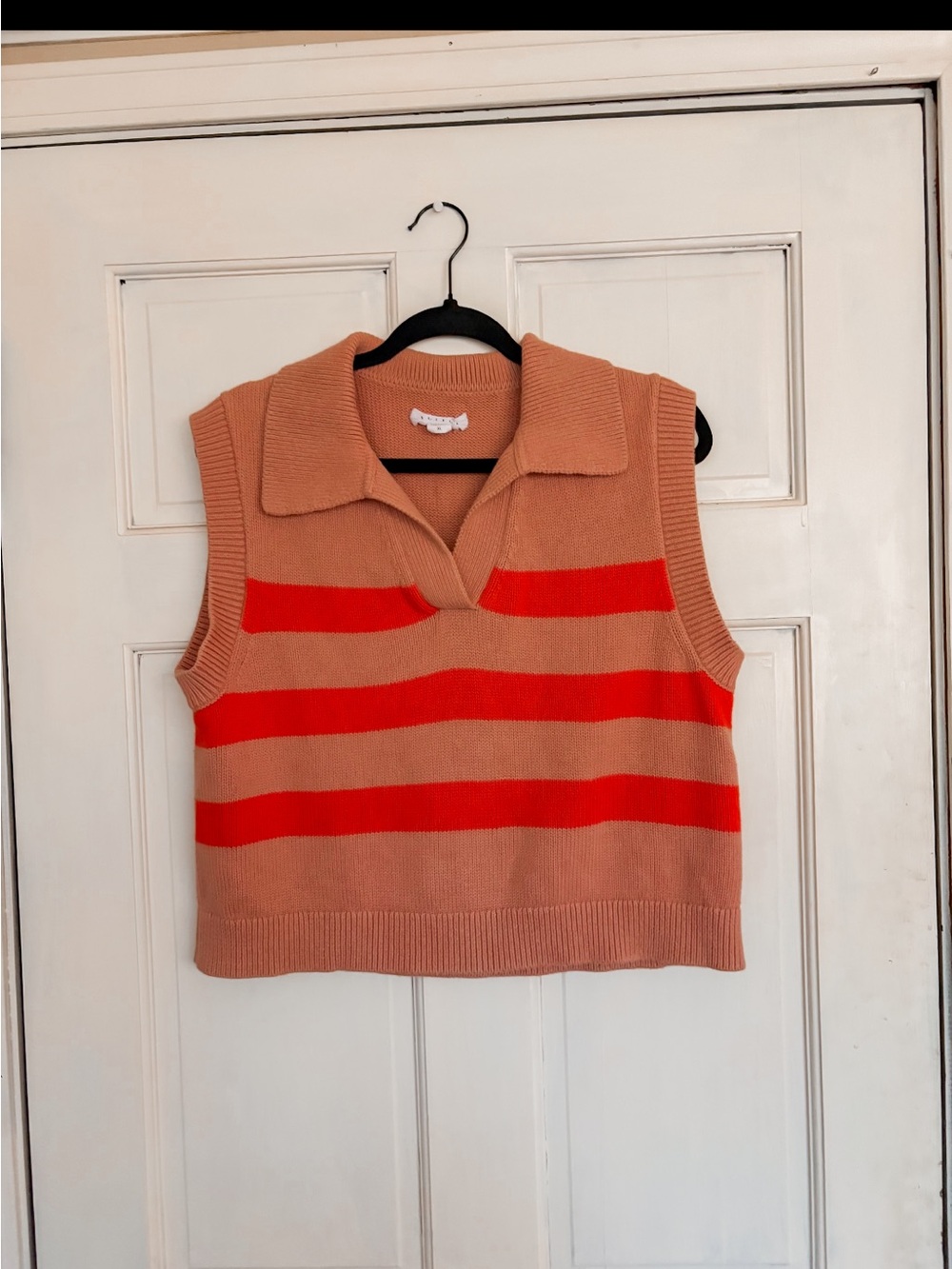 Striped Knit Collared Sweater Vest in Peach and Red